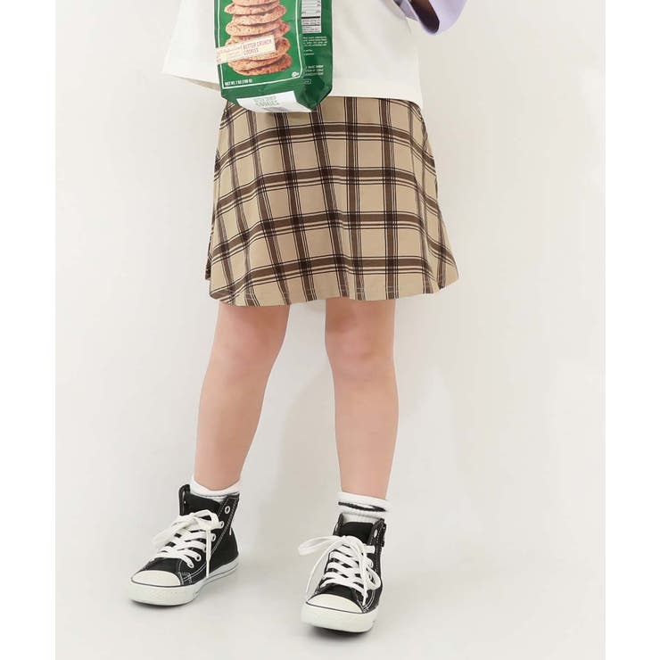 004-チェック-ベージュ | 【両側ポケット付き】1分丈 総柄スカッツ 子供服 | devirock