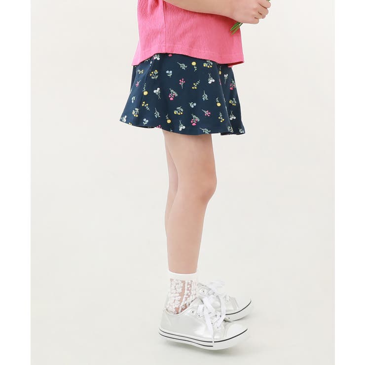 012-花-ネイビー | 【両側ポケット付き】1分丈 総柄スカッツ 子供服 | devirock