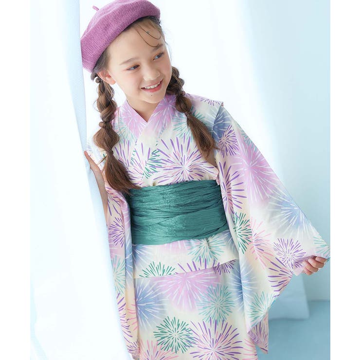019-花火-オフホワイト | 浴衣 兵児帯2点セット 子供服 キッズ ベビー 女の子 浴衣 甚平  | devirock