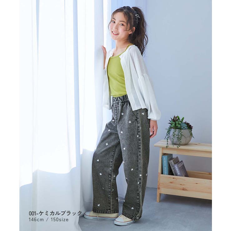 【50％OFF】 ハート刺繍 デニム ワイドパンツ[品番：VR000010297]｜devirock パンツ