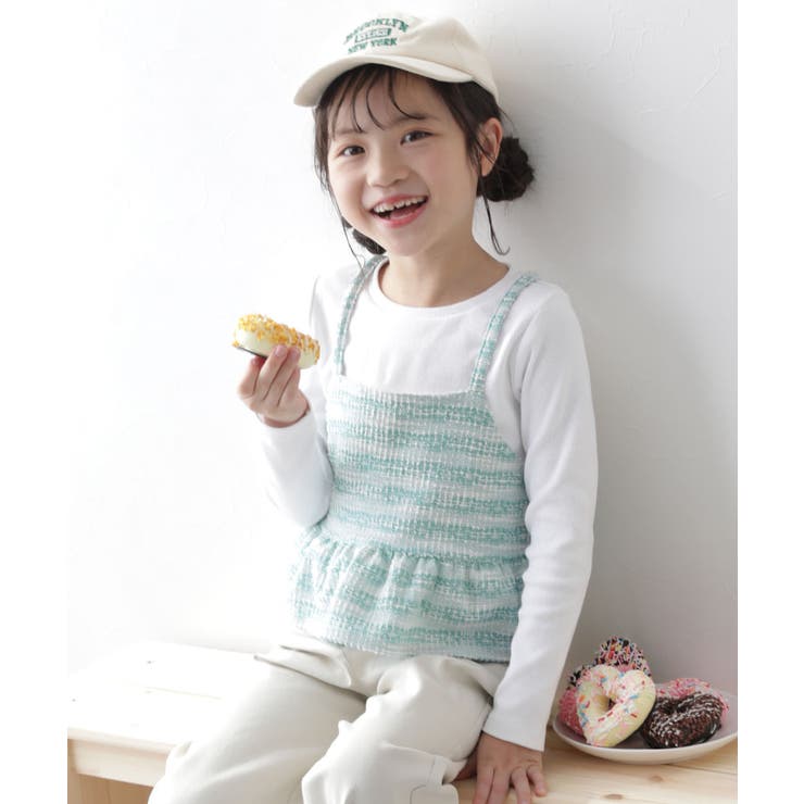 003-ブルー | ツイードキャミ & リブロンTセット 子供服 キッズ 女の子 ロンT トップス | devirock