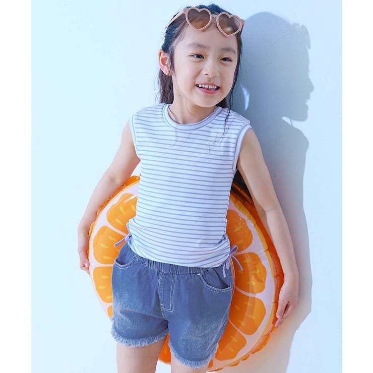 Sバイオレット | UVカット 服っぽく着られる ボーダーT&デニムパンツ水着 | devirock