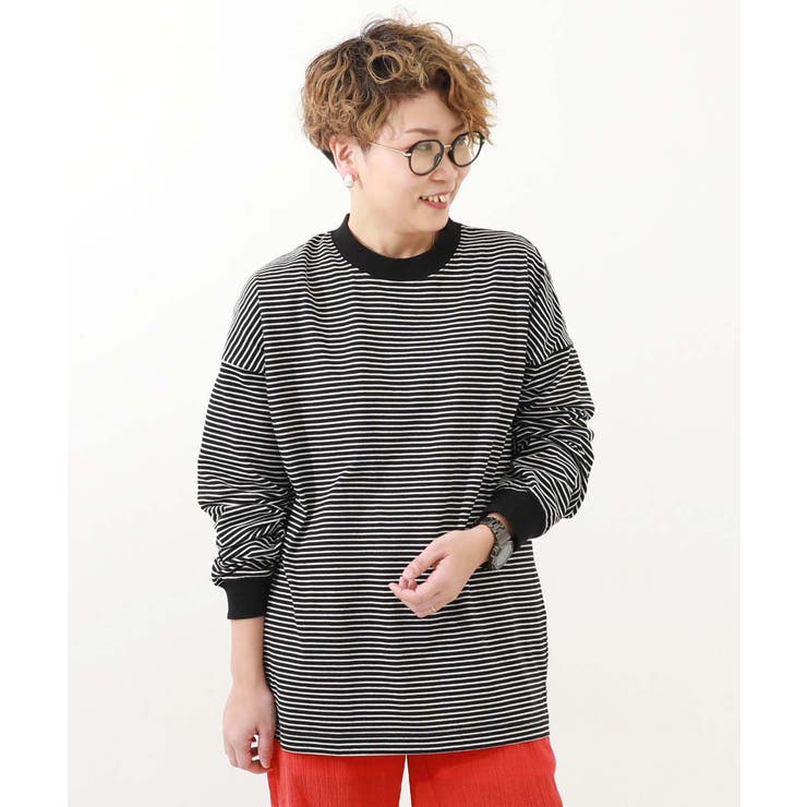 001-ブラック | 綿100% お洗濯してもよれにくいビッグシルエット 袖リブ大人ボーダー長袖Tシャ… | devirock
