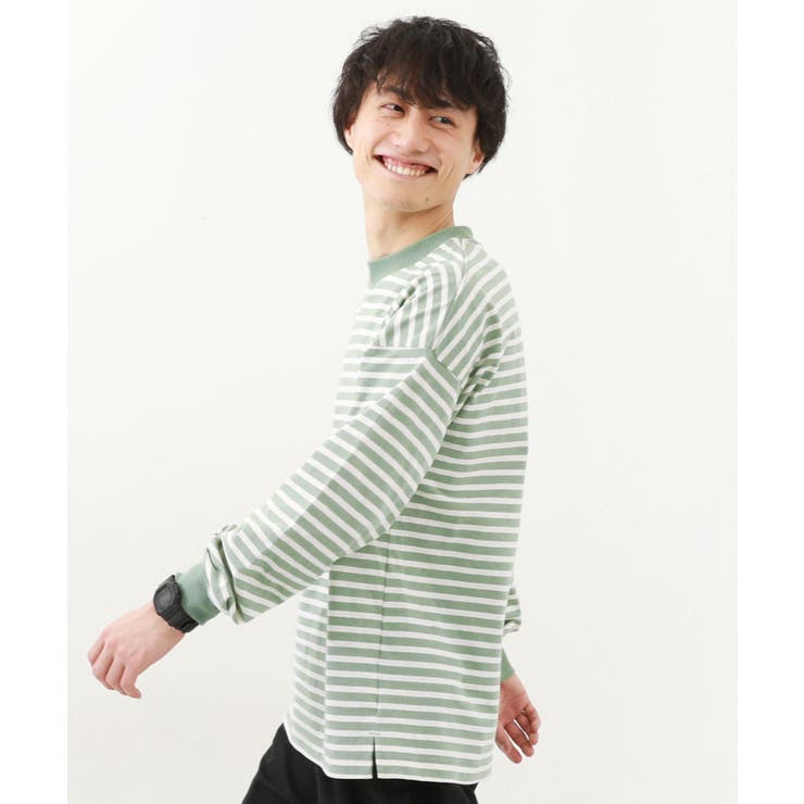005-グリーン | 綿100% お洗濯してもよれにくいビッグシルエット 袖リブ大人ボーダー長袖Tシャ… | devirock