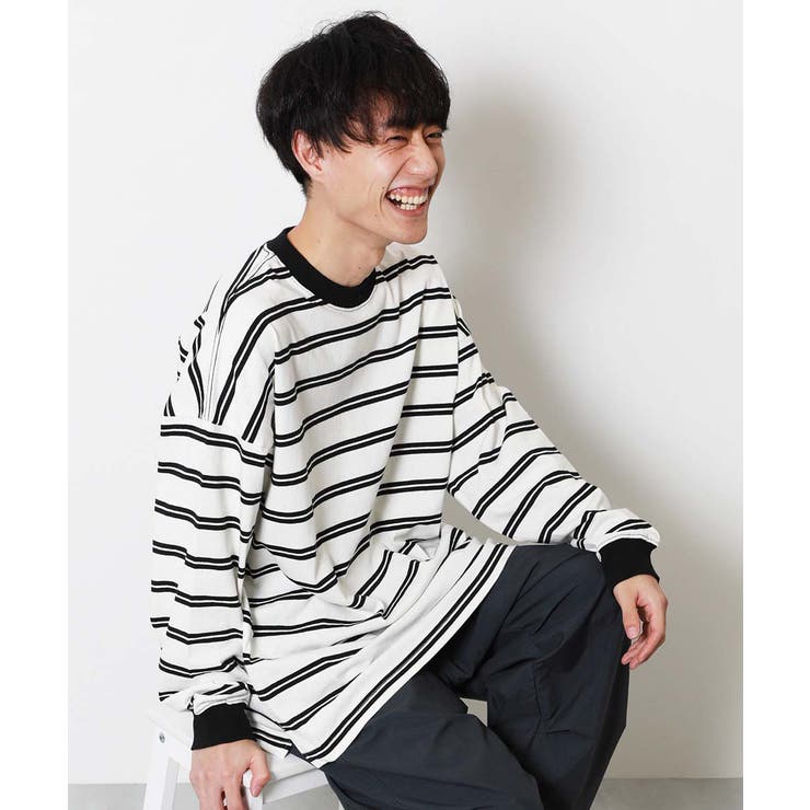 010-オフホワイト-ブラック | 綿100% お洗濯してもよれにくいビッグシルエット 袖リブ大人ボーダー長袖Tシャ… | devirock