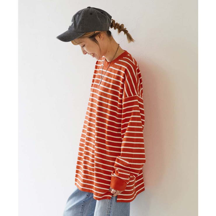 011-トマトレッド-オフホワイト | 綿100% お洗濯してもよれにくいビッグシルエット 袖リブ大人ボーダー長袖Tシャ… | devirock