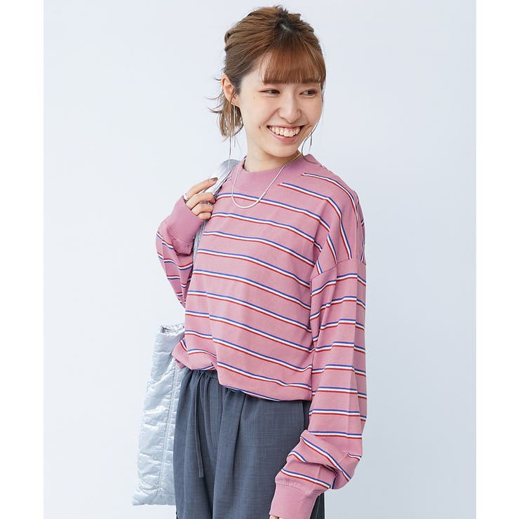 014-オールドピンク-レッド | 綿100% お洗濯してもよれにくいビッグシルエット 袖リブ大人ボーダー長袖Tシャ… | devirock