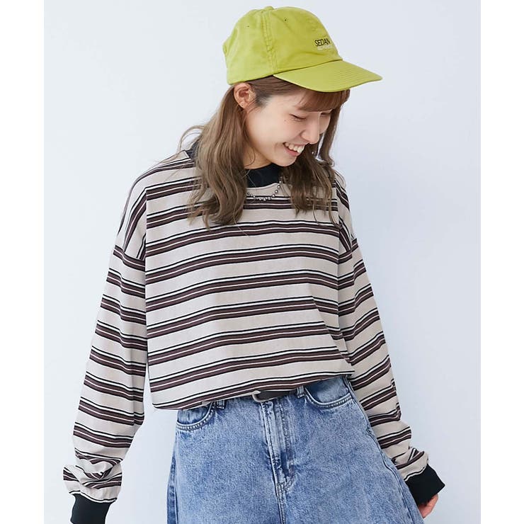 018-アイボリー-ブラウン | 綿100% お洗濯してもよれにくいビッグシルエット 袖リブ大人ボーダー長袖Tシャ… | devirock