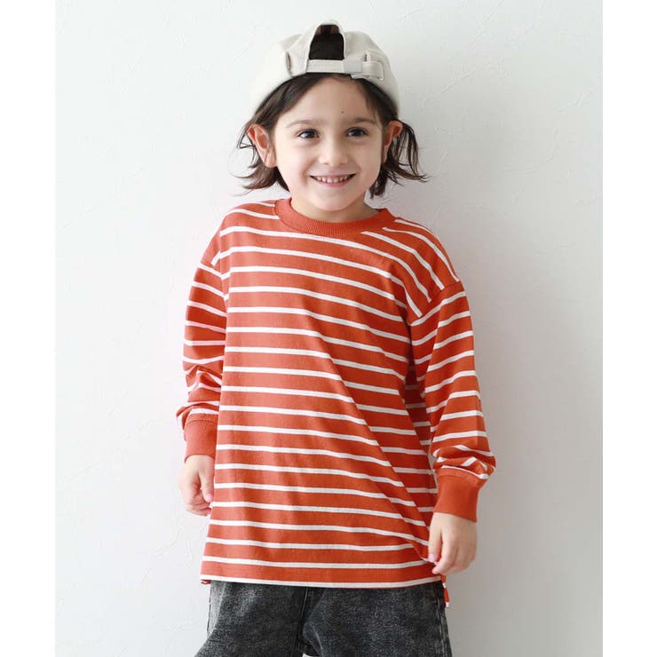 011-トマトレッド-オフホワイト | 綿100% お洗濯してもよれにくい ビッグシルエット袖リブボーダー長袖Tシャツ | devirock