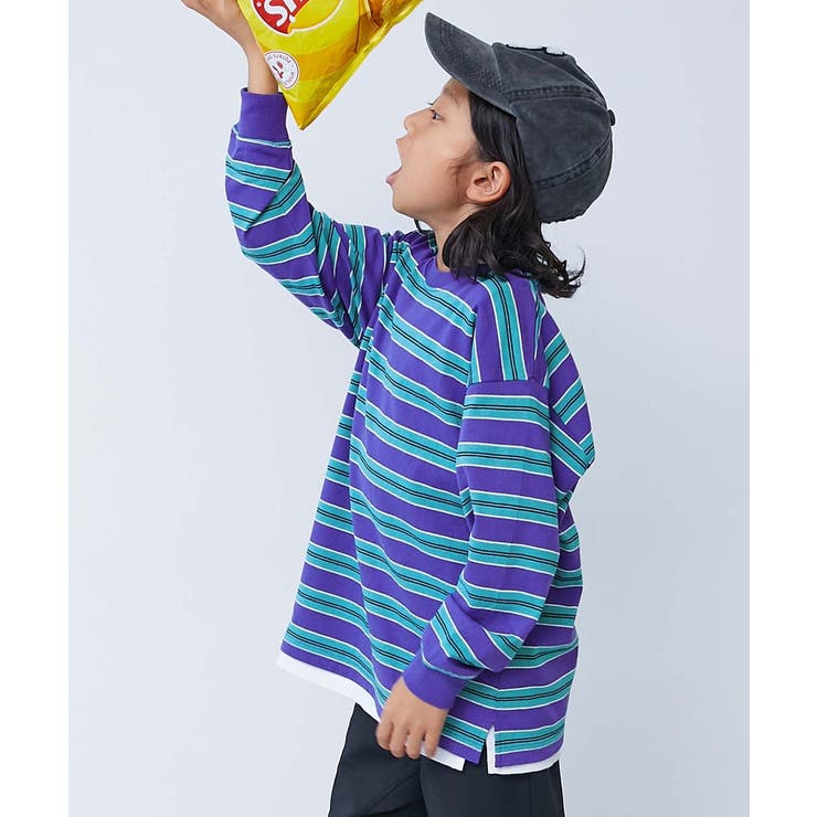 017-パープル-エメラルド | 綿100% お洗濯してもよれにくい ビッグシルエット袖リブボーダー長袖Tシャツ | devirock