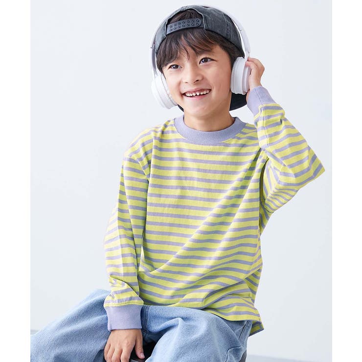 019-Sイエロー-Dブルー | 綿100% お洗濯してもよれにくい ビッグシルエット袖リブボーダー長袖Tシャツ | devirock