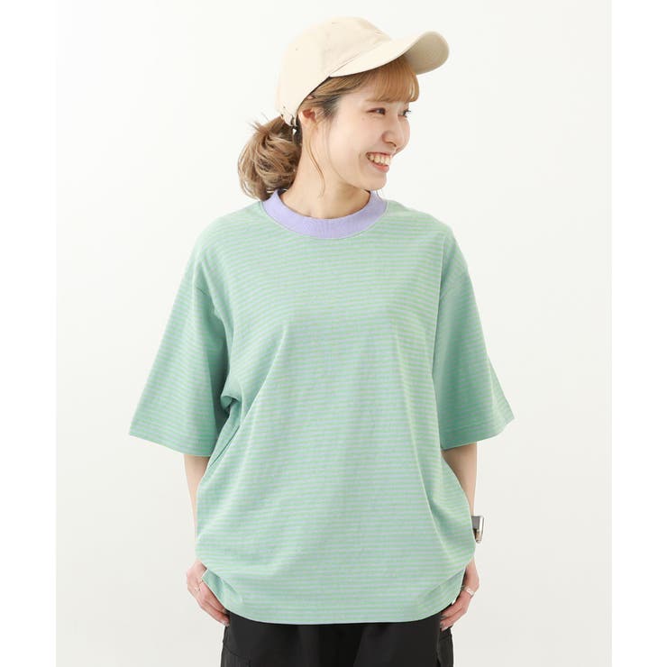 005-Lグリーン | 綿100%お洗濯してもよれにくい ビッグシルエット 大人ボーダー半袖Tシャツ | devirock