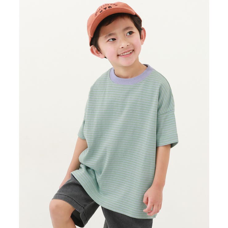 005-Lグリーン | 綿100%お洗濯してもよれにくい ビッグシルエット ボーダー半袖Tシャツ | devirock