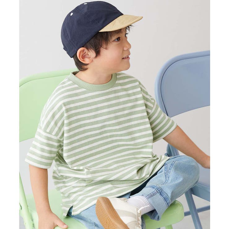 008-グリーン | 綿100%お洗濯してもよれにくい ビッグシルエット ボーダー半袖Tシャツ | devirock