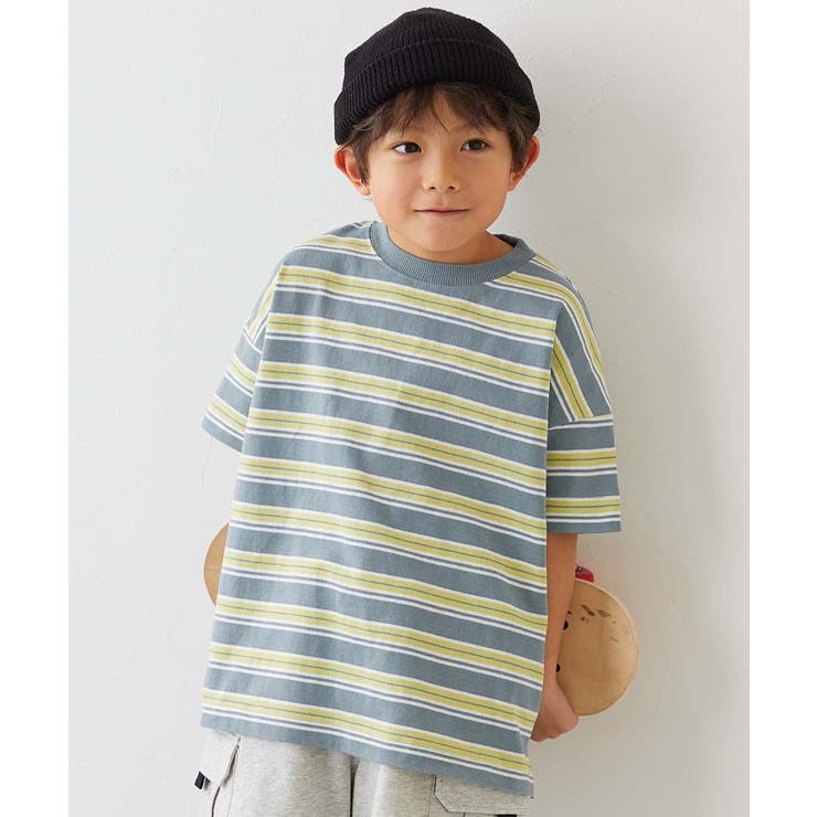 011-Dサックス-イエロー | 綿100%お洗濯してもよれにくい ビッグシルエット ボーダー半袖Tシャツ | devirock