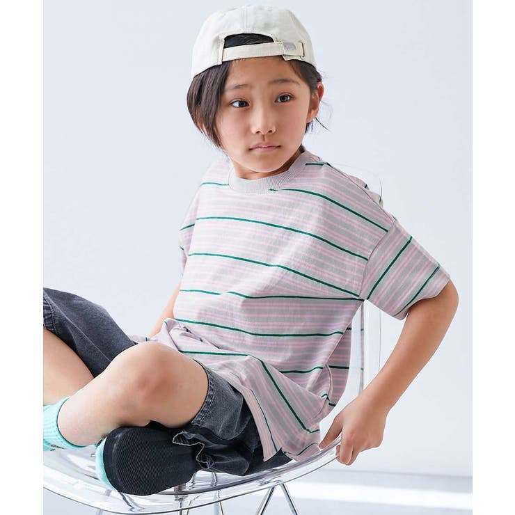 015-Lグレー-ピンク | 綿100%お洗濯してもよれにくい ビッグシルエット ボーダー半袖Tシャツ | devirock