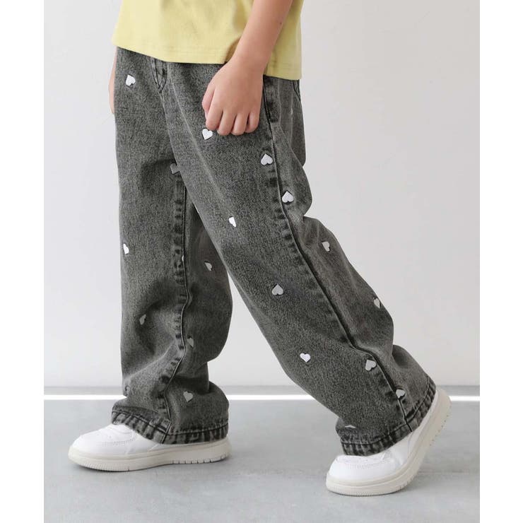 ハートと花がえらべる 刺繍 デニムワイドパンツ[品番：VR000010297