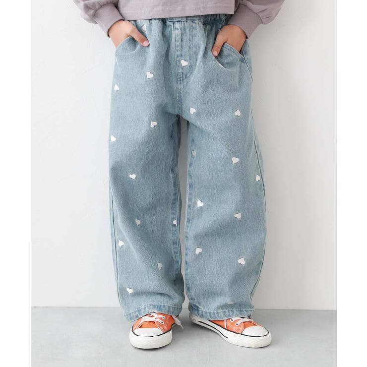 ハートと花がえらべる 刺繍 デニムワイドパンツ[品番：VR000010297