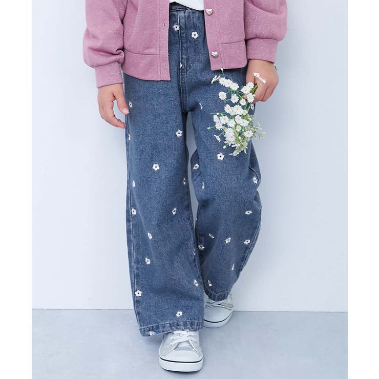 ハートと花がえらべる 刺繍 デニムワイドパンツ[品番：VR000010297