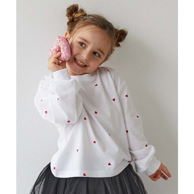 001-ホワイト | ハート総柄 長袖Tシャツ 子供服 キッズ 女の子 ロンT トップス | devirock