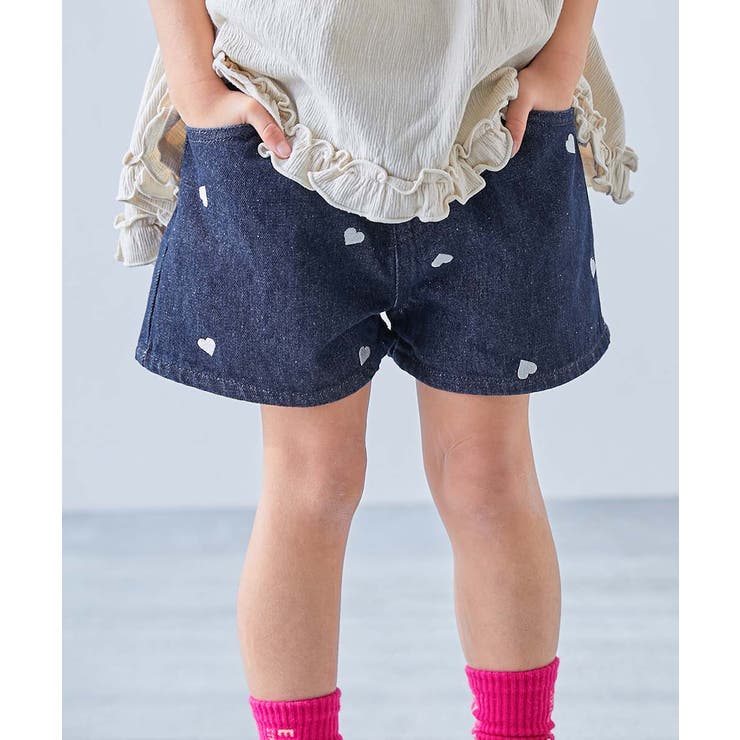 ハートと花がえらべる 刺繍 デニムショートパンツ[品番：VR000010416