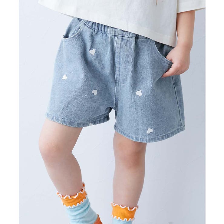 ハートと花がえらべる 刺繍 デニムショートパンツ[品番：VR000010416