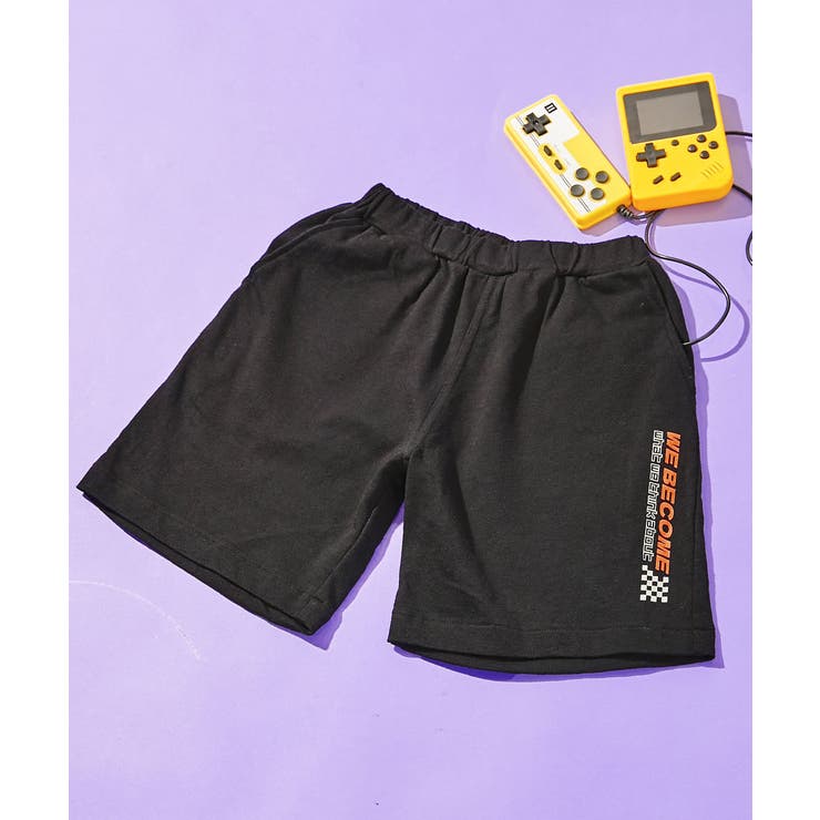 030-ロゴ1-ブラック | デザインいろいろ 無地ワンポイント＆総柄 ミニ裏毛ハーフパンツ | devirock