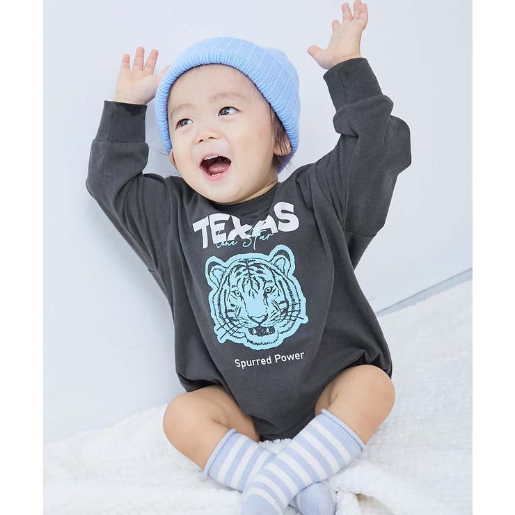 002-トラ-スミクロ | 綿100％デビラボ プリントゆったり 長袖ロンパース | devirock