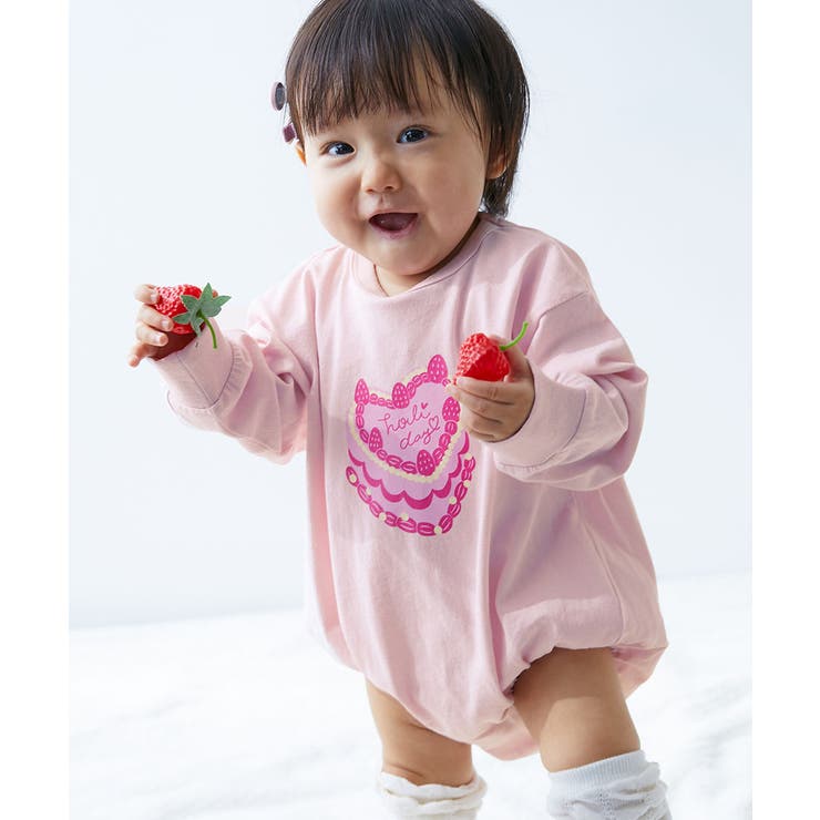 007-ケーキ-さくらピンク | 綿100％デビラボ プリントゆったり 長袖ロンパース | devirock