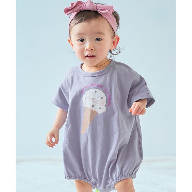 005-アイス-Gブルー | 綿100％ デビラボ プリント半袖ゆったりロンパース | devirock