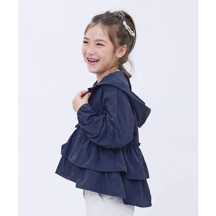 ネイビー | 水はじく 撥水ナイロン フードが取り外せるフリルウインドブレーカー | devirock