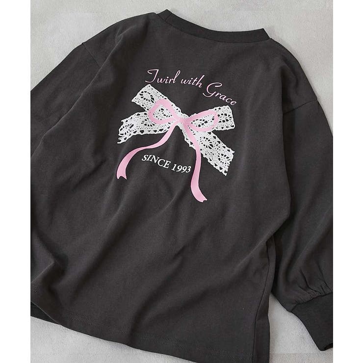 008-リボン-スミクロ | 綿100％デビラボガールズ BIGシルエットプリント袖リブ長袖Tシャツ 子供服 | devirock