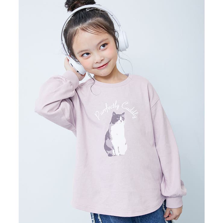 007-ネコ-ライラック | 綿100％ デビラボガールズ プリント長袖Tシャツ | devirock