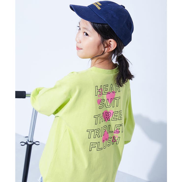 010-ハートロゴ-LYグリーン | 綿100％ デビラボガールズ BIGシルエットプリント袖リブ長袖Tシャツ | devirock