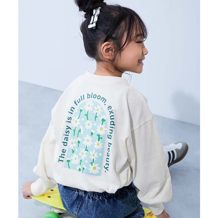 013-フラワー1-オフホワイト | 綿100％ デビラボガールズ BIGシルエットプリント袖リブ長袖Tシャツ | devirock