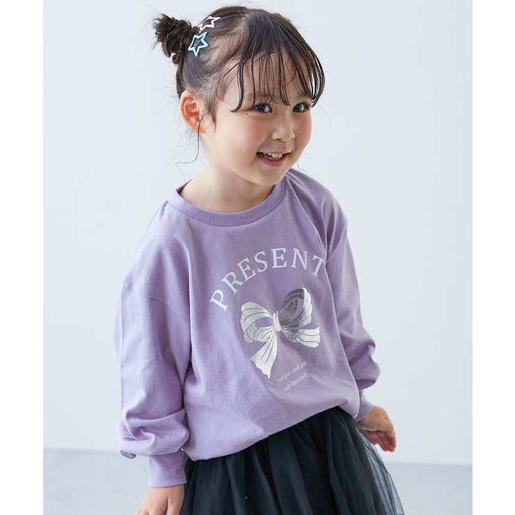 004-リボン-Sバイオレット | 綿100％ デビラボ×きらっとメタリック ガールズプリント長袖Tシャツ | devirock