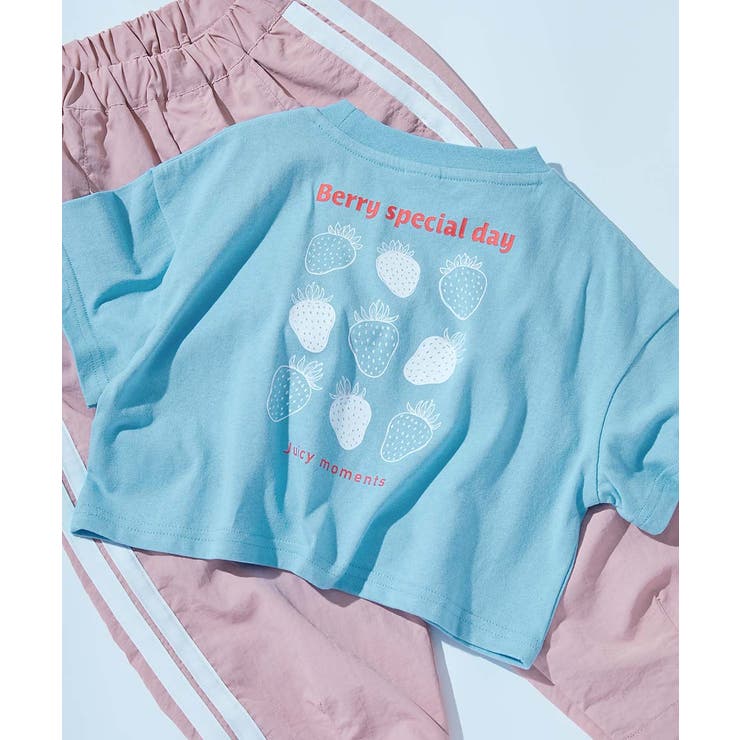 010-いちご‐クリアブルー | 綿100％ デビラボガールズ クロップド丈プリント半袖Tシャツ | devirock