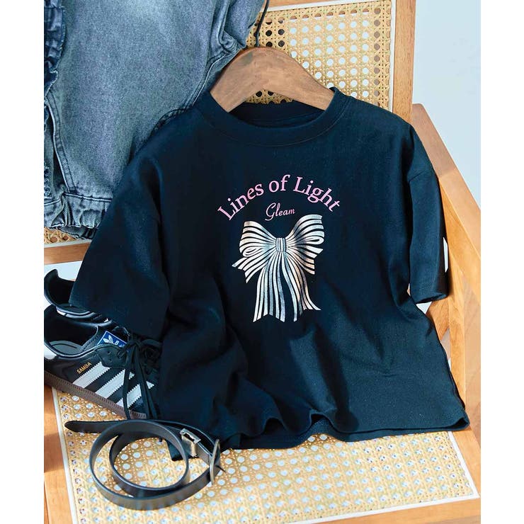 006-リボン‐ブラック | 綿100％ デビラボ×きらっとメタリック ガールズBIGシルエットプリント半袖T… | devirock