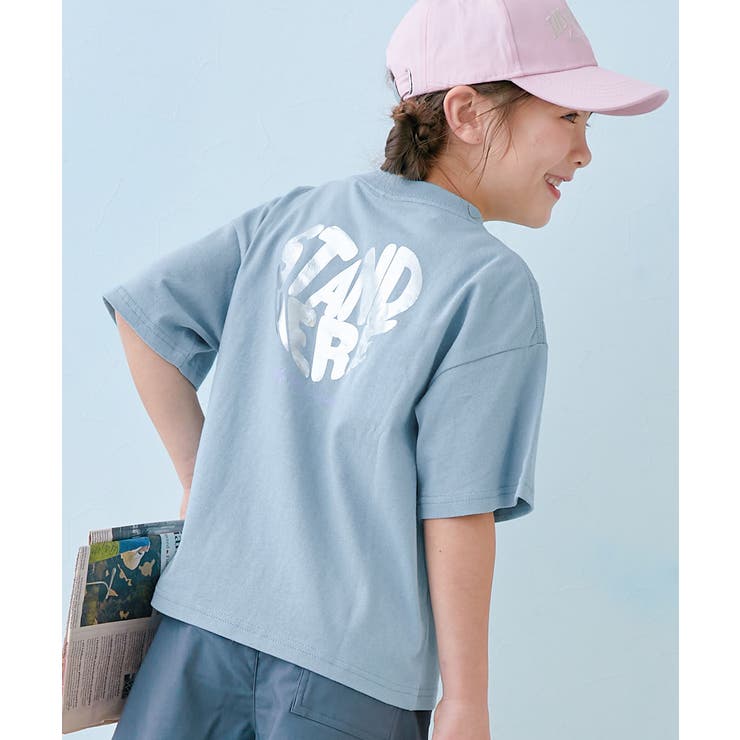 014-ハート3‐ミストブルー | 綿100％ デビラボ×きらっとメタリック ガールズBIGシルエットプリント半袖T… | devirock