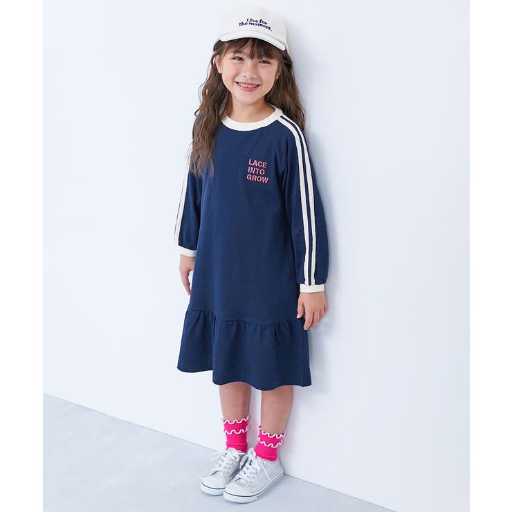 ネイビー | 裾フリル サイドラインレース 長袖ワンピース | devirock