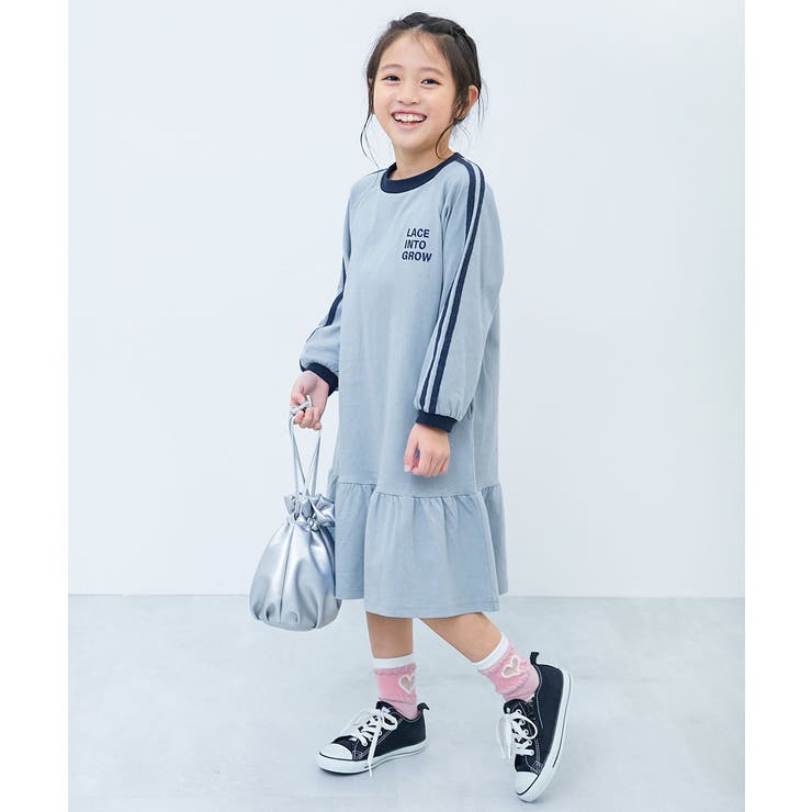 ミストブルー | 裾フリル サイドラインレース 長袖ワンピース | devirock