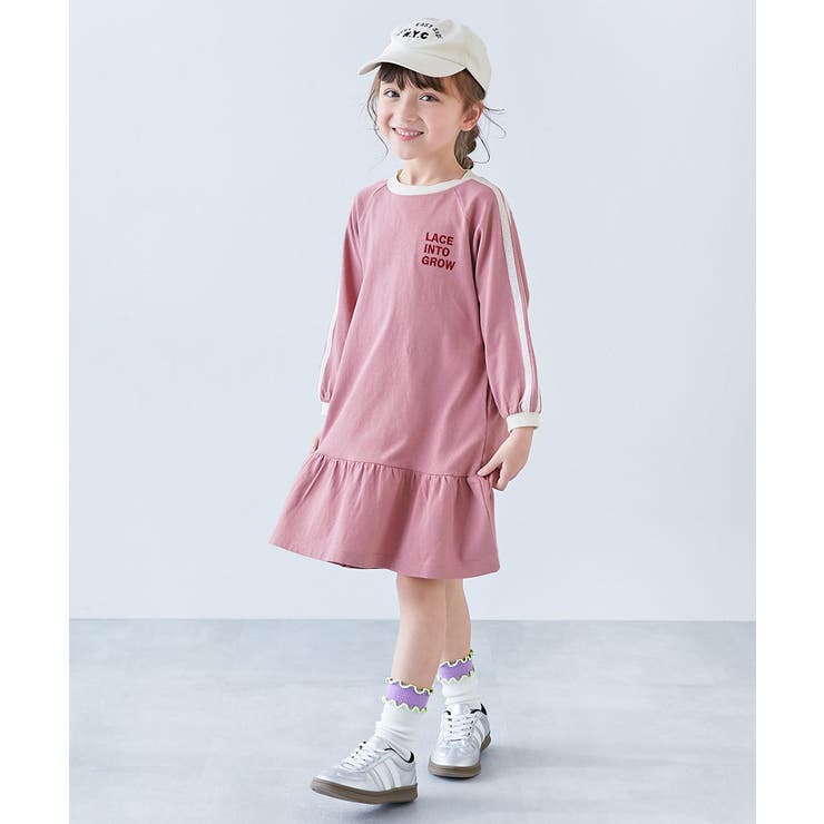 オールドピンク | 裾フリル サイドラインレース 長袖ワンピース | devirock