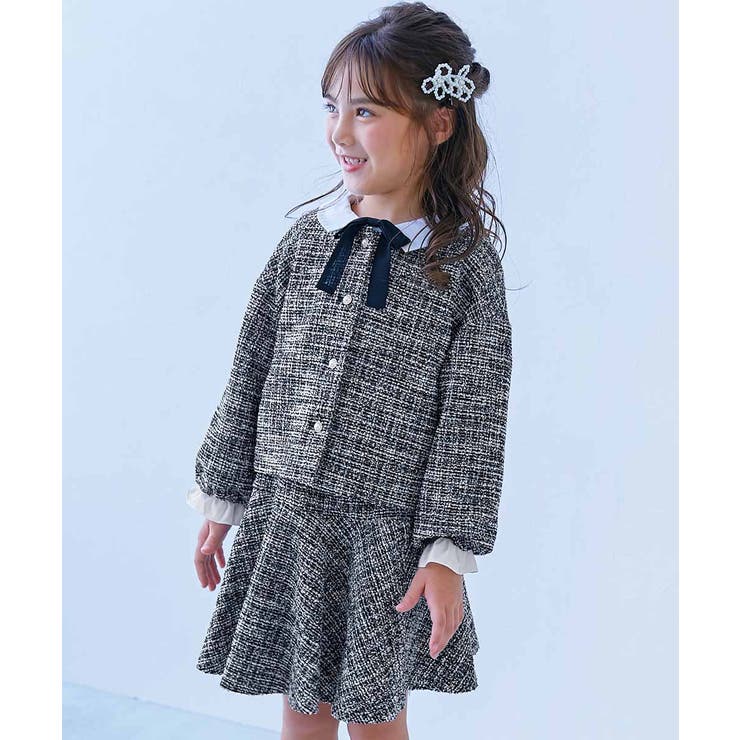 010-ツイード-ブラック | フォーマル ガールズノーカラー ツイードセットアップ | devirock