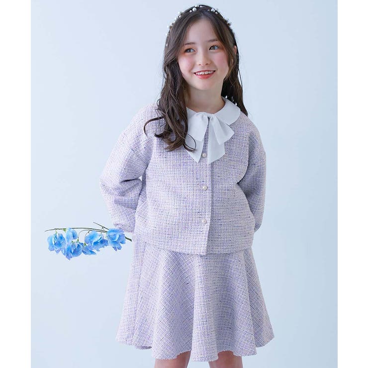 011-ツイード-パープル | フォーマル ガールズノーカラー ツイードセットアップ | devirock