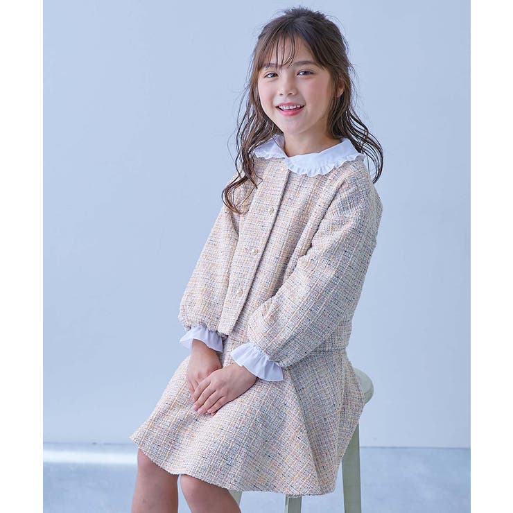 012-ツイード-ベージュ | フォーマル ガールズノーカラー ツイードセットアップ | devirock