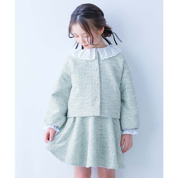 013-ツイード-ミント | フォーマル ガールズノーカラー ツイードセットアップ | devirock