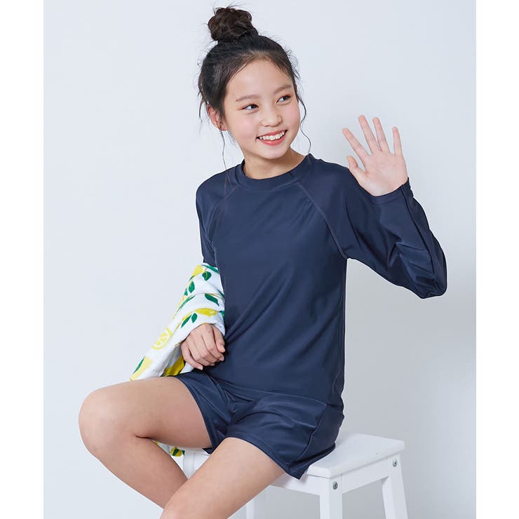 011-長袖-ネイビー-ネイビー | UVカット 女児 セパレートTシャツ&パンツ型スクール水着 | devirock