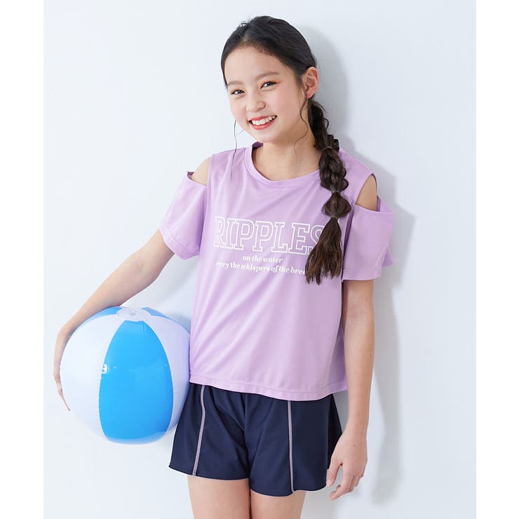 002-ネイビー-Gライラック | 学校にも遊びにも UVカット Tシャツ付きスクール水着3Pセット | devirock