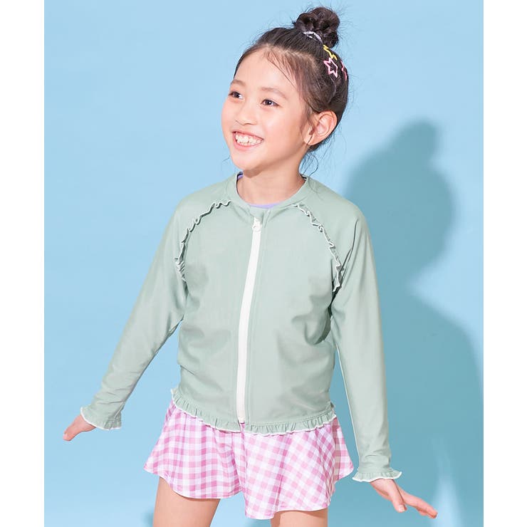 002-サックスブルー | UVカット ラグラン メロウフリルガールズラッシュガード | devirock