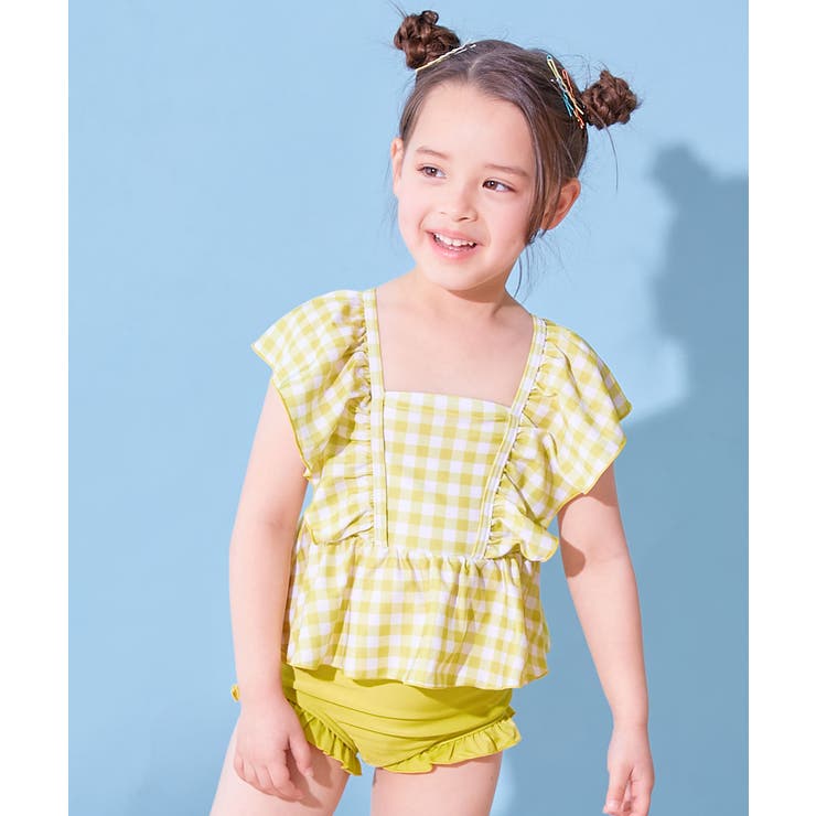 021-ギンガム-ライムイエロー | えらべるデザイン ボリュームフリル UVカットセパレート水着 | devirock